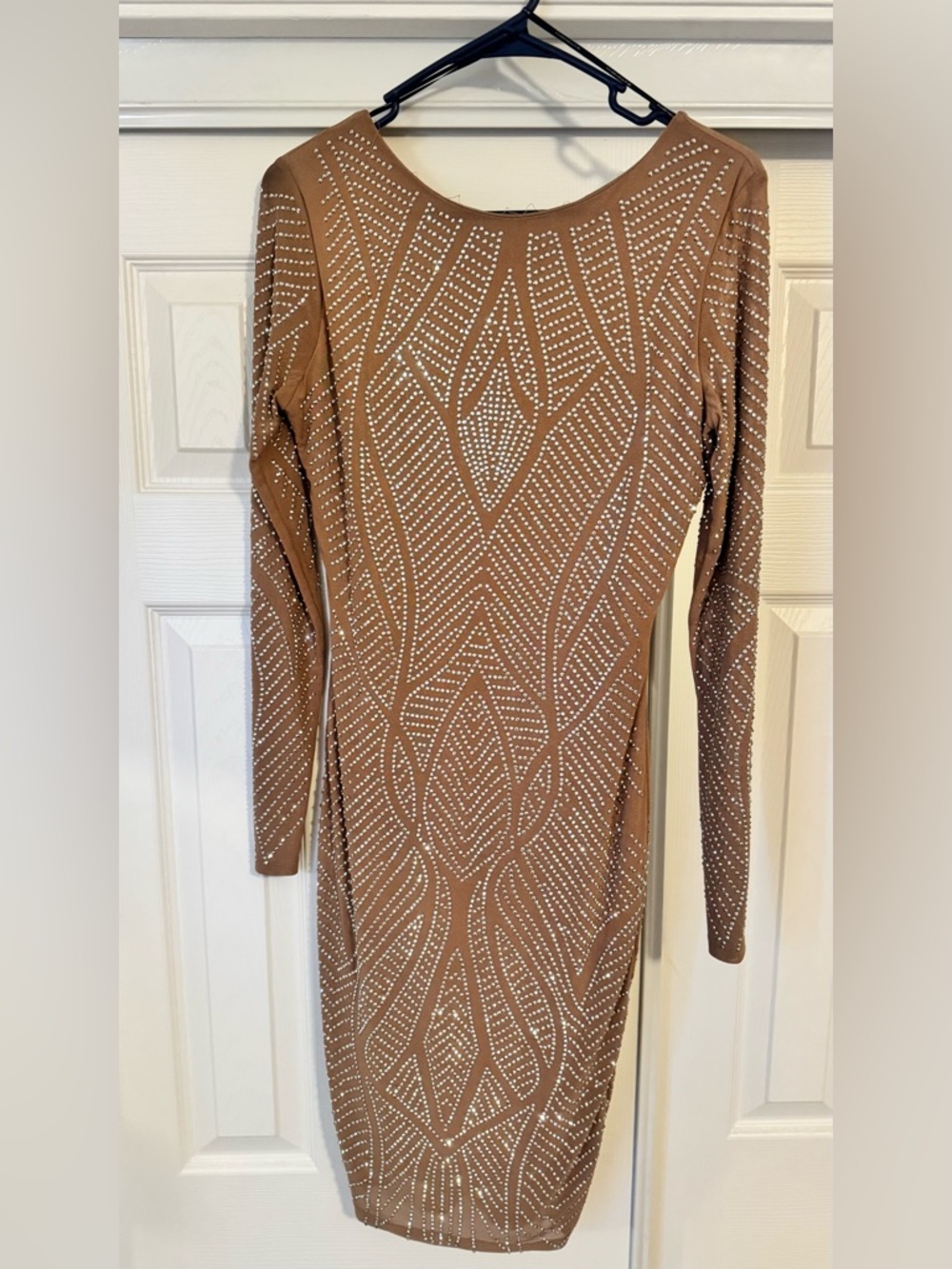SHEIN Tan Long-Sleeve Rhinestone Bodycon Dress